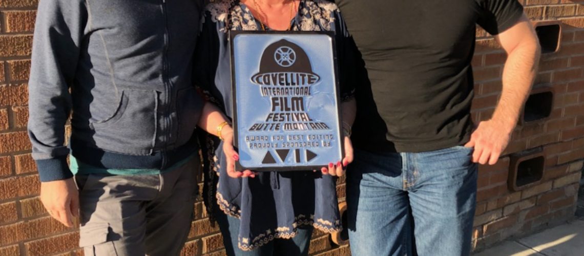 (from L to R) Producer/Composer William Thompson, Executive Producer Allison O'Briant and Writer/Director Neil Thompson accept Best Editing award from the Covellite Film Festival for THE THIN LINE